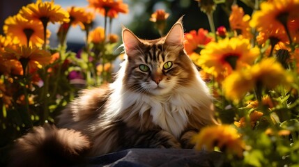 AI generated illustration of a domestic cat with a mix of gray and brown fur in a field of flowers