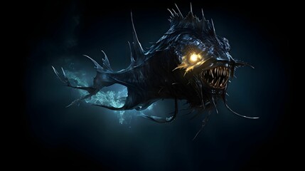 AI generated illustration of a sinister-looking fish with bioluminescent eyes and razor sharp teeth