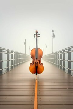 AI generated illustration of a vivid orange violin on a wooden bridge blanketed in a white fog