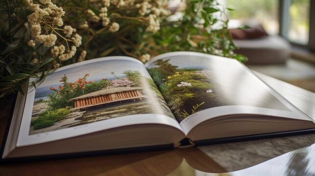 Open hardcover book with colorful pictures. AI-generated.