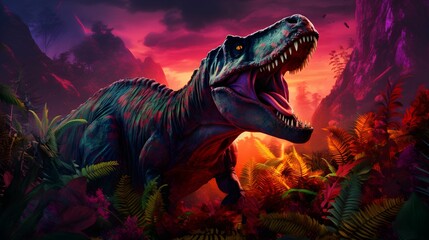 AI generated illustration of a dinosaur standing in a vibrant field of plants and rocks