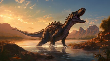 AI generated illustration of a majestic dinosaur in a body of water with its mouth wide open