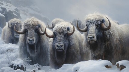 Naklejka premium AI generated illustration of a herd of yaks gathered together in a snowy winter landscape