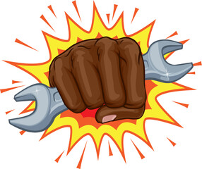 A fist hand holding a wrench or spanner in a comic book pop art cartoon illustration style. With an explosion in the background