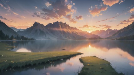 Fototapeta na wymiar AI generated illustration of a serene sunrise in the majestic mountains, with a tranquil river