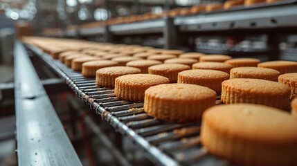 An industrial production line's conveyor belt that prepares cupcakes in a parallel and space, Generative AI.