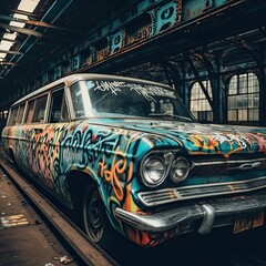 Old classic car as a train covered in graffiti - obrazy, fototapety, plakaty