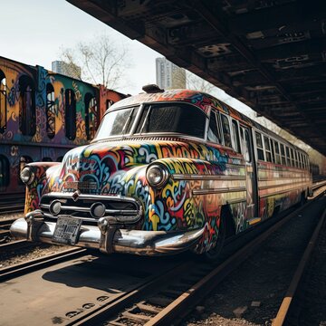 AI generated illustration of a train car covered with vibrant graffiti artwork