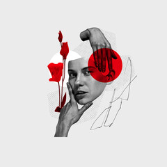 Contemporary art collage. Black and white image of person with red floral accents and abstract circles, geometry shapes. Concept of modern aesthetic, minimalist and modern look, self care. Ad