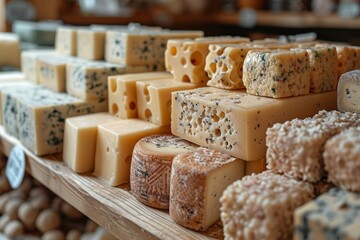 Artisanal cheese assortment on a wooden shelf