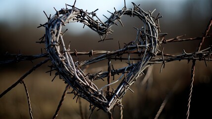 thorn and heart - shaped wire fence in a field on the same day