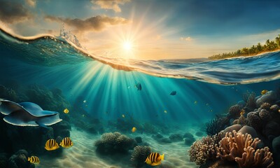 a tropical ocean, featuring numerous schools of brightly-colored fish