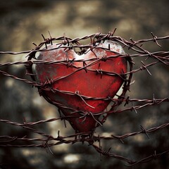 Fototapeta na wymiar a heart that is inside of a barbed wire fence with a stone wall behind it