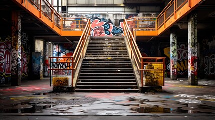 an abandoned stairwell with stairs in an overcast environment with colorful graffiti