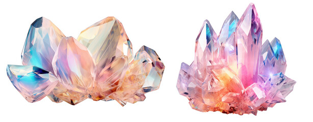 Set of pastel crystals quartz gem stone on transparent background, 3d mineral cluster growing for crop image use.