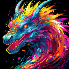 Obraz na płótnie Canvas Dragon head with colorful splashes. illustration on black background.