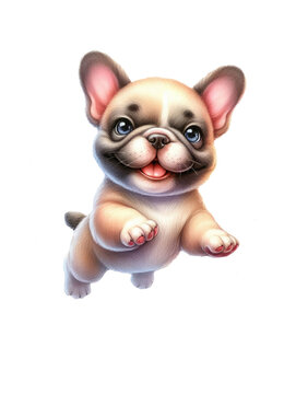 Playful jumping French bulldog puppy. Watercolor illustration on white background