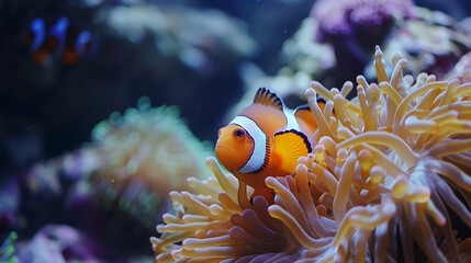 Clown fish on an anemone underwater reef in the tropical ocean. Made with generative ai