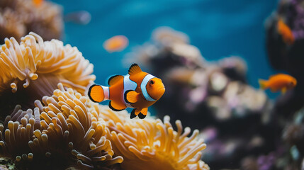 Naklejka na ściany i meble Clown fish on an anemone underwater reef in the tropical ocean. Made with generative ai