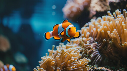 Naklejka na ściany i meble Clown fish on an anemone underwater reef in the tropical ocean. Made with generative ai
