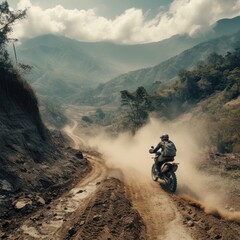 A person rides a trail motorbike, usually called a dual sport or all road, drifting on winding roads on top of extreme mountains with stunning views as a backdrop. Generative Ai