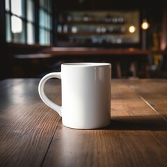 White ceramic coffee cup placed on a rustic wooden table in a dimly lit restaurant, AI-generated.