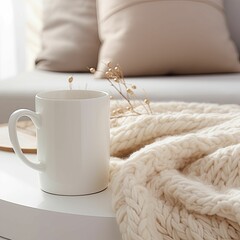 Obraz na płótnie Canvas AI generated illustration of a white ceramic cup rests atop a beige blanket in a cozy setting