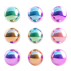 3d render Collection of levitating iridescent orbs abstract shape, isolated on a transparent background
