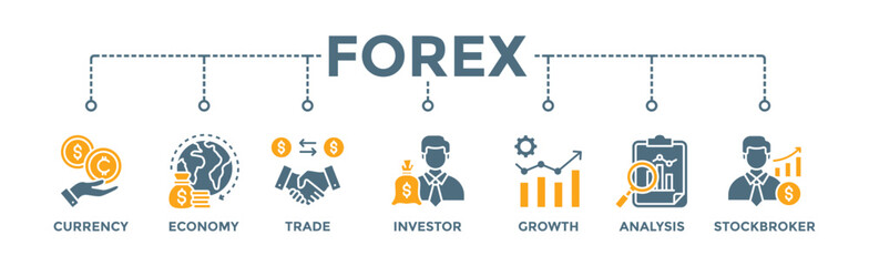 Forex banner web icon vector illustration concept with icon of currency, economy, trade, investor, growth, analysis and stockbroker