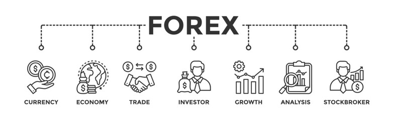 Forex banner web icon vector illustration concept with icon of currency, economy, trade, investor, growth, analysis and stockbroker