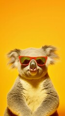 AI generated illustration of a koala with red sunglasses against a yellow background