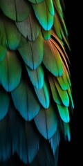 AI generated illustration of a close-up of a brilliantly colored parrot wing