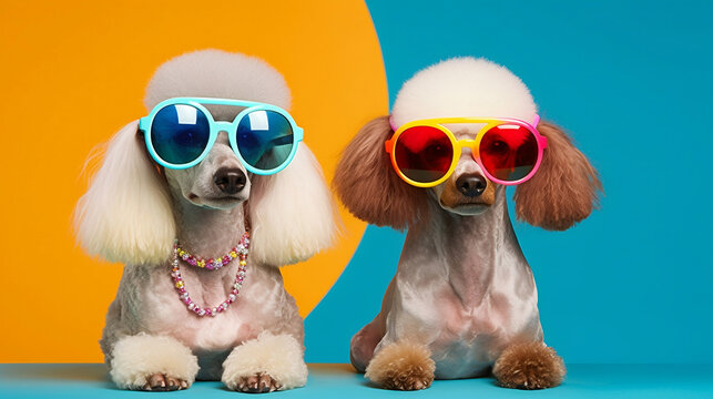 AI generated illustration of two poodles wearing stylish sunglasses on a brightly colored background