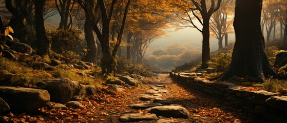 AI-generated illustration of an autumnal forest path with golden leaves