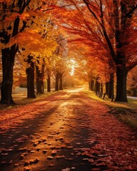 Fototapeta premium AI-generated illustration of a golden autumnal forest road at sunset