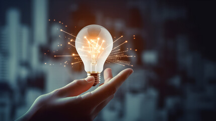 AI generated illustration of a person holding a glowing lightbulb with sparks emitting from the top