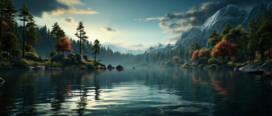 AI-generated illustration of a calm forest lake at the foot of mountains