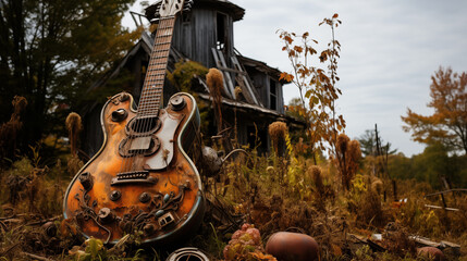 Guitar standing outside by a Farm barn