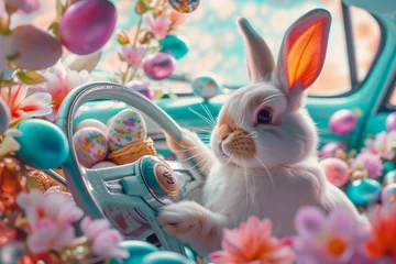 Rolgordijnen Cute bunny driving blue car full of Easter eggs, funny rabbit character, Easter cartoon Illustration © zamuruev