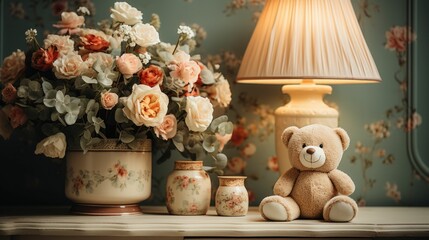 Light beige teddy bear sitting on a table with a lamp and vintage flower pots, AI-generated