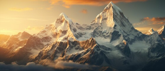 AI-generated illustration of a scenic mountain range at sunset - obrazy, fototapety, plakaty