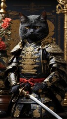 AI generated illustration of a cat wearing a military uniform with a sword in one hand