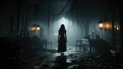 AI generated illustration of a dark and mysterious image of a female silhouette in a spooky room,