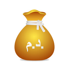 Moneybag with Moroccan Dirham symbol. Cash money, currency, business and financial item. Golden bag icon.