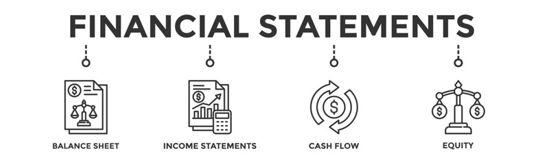 Financial statements banner web icon vector illustration concept with icon of graph, balance sheet, pie chart, income statements, money, calculator, income, earning, cash flow, equity, and balance