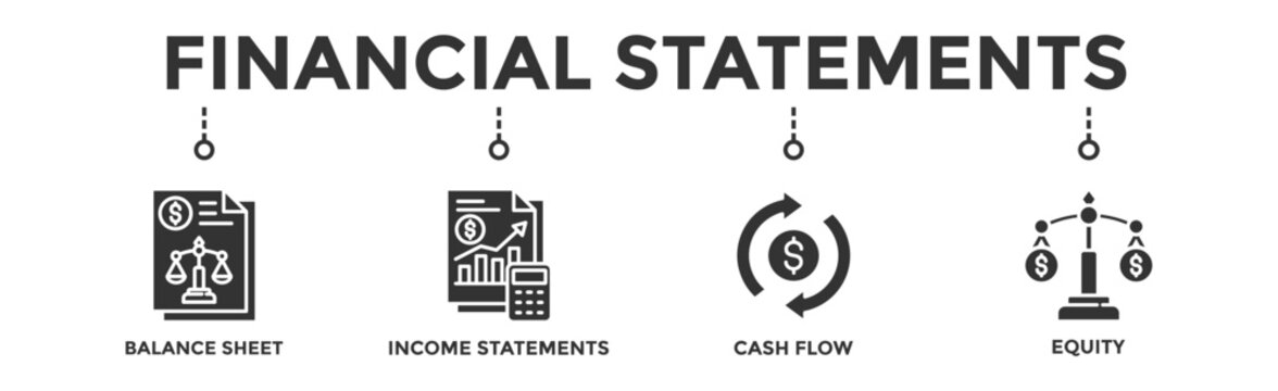 Financial statements banner web icon vector illustration concept with icon of graph, balance sheet, pie chart, income statements, money, calculator, income, earning, cash flow, equity, and balance