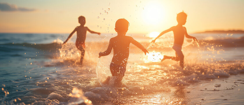 Children's Silhouettes Playing Joyfully in the Golden Light of a Beach Sunset