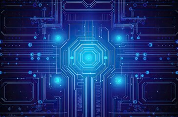 AI generated illustration of a blue-toned circuit board with hexagonal components