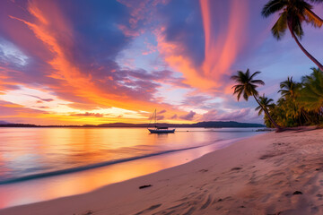 Fototapeta na wymiar Serene Tropical Beach Landscape at Sunset: A Perfect Destination for Relaxation and Serenity