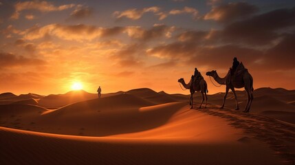Fototapeta na wymiar AI generated illustration of camels walking across a barren desert landscape at sunset